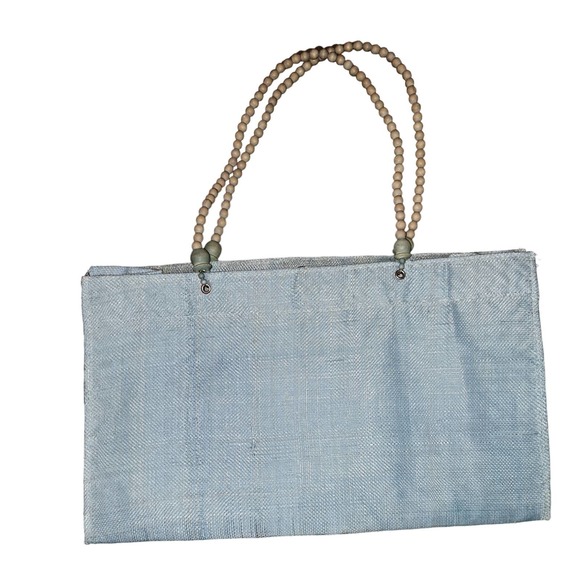 FABULOUS FIND! VERY VINTAGE Dyed Burlap & wooden Bead Handle 1950's - Picture 3 of 7